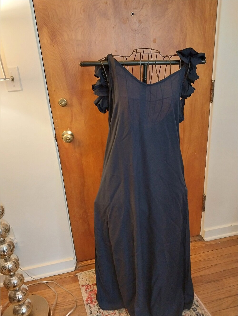 Vince Camuto Navy Ruffle-Shoulder Maxi Dress